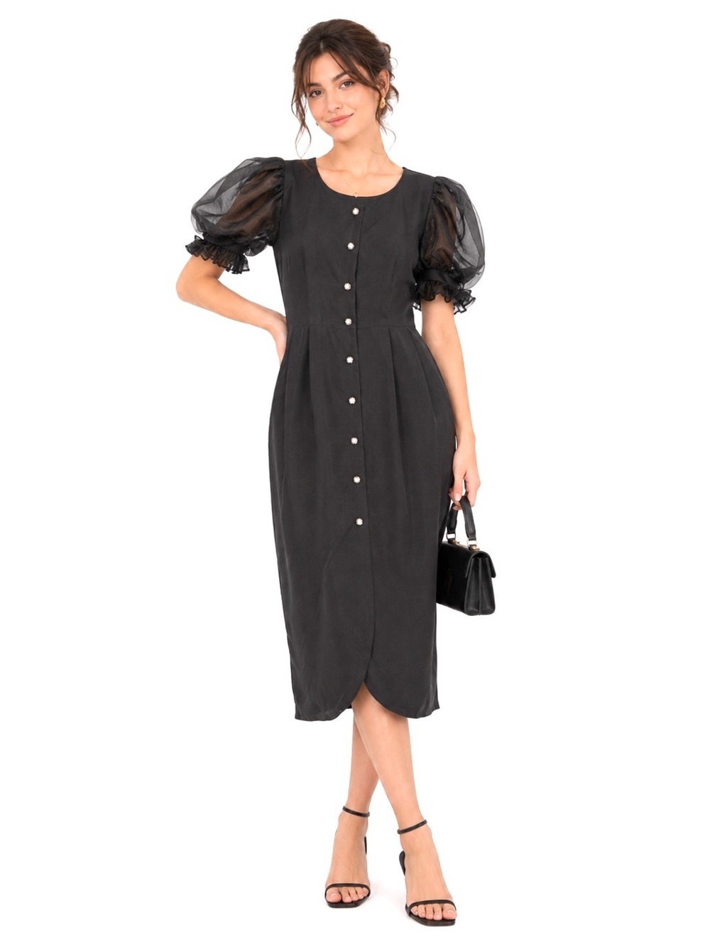 Vintage Whimsigoth Puff Sleeve Midi Dress Button Down Lolita Princesscore Witchy